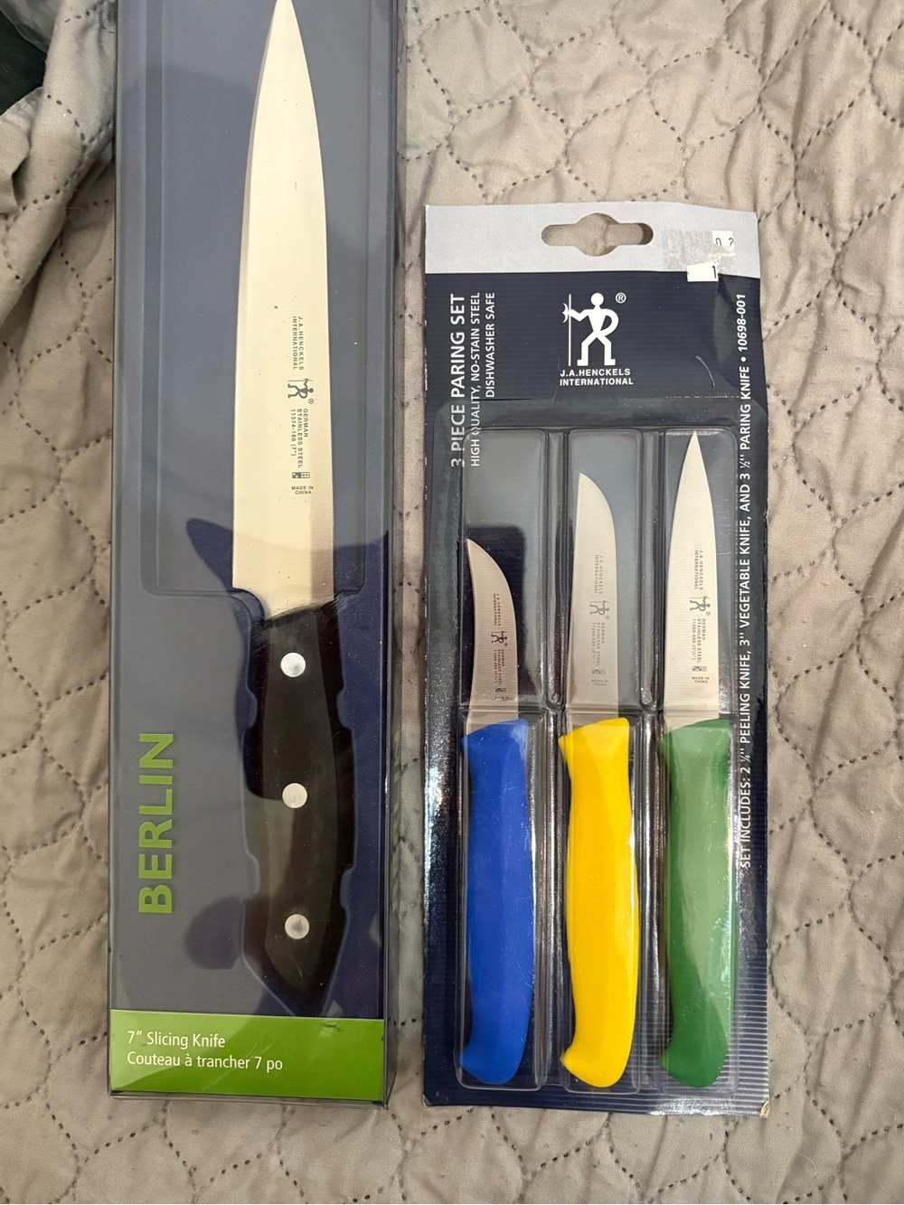 BERLIN 7" Slicing Knife + 3-Piece Paring Set with Blue, Yellow, Green Handles